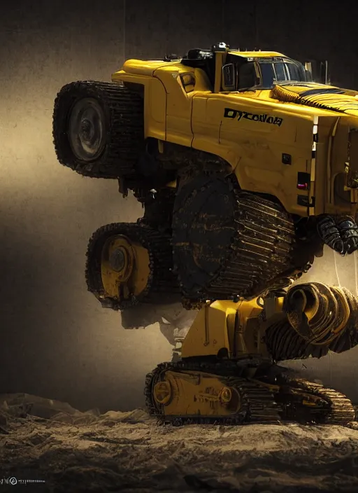 Image similar to a photorealistic dramatic hyperrealistic render of a futuristic caterpillar exosuit power dozer heavy machinery, ultra realistic details, glossy yellow, well worn, rust, oil stains by vitaly bulgarov and mike nash, beautiful dramatic dark moody tones and lighting, cinematic atmosphere, studio lighting, global illumination, shadows, dark background, octane render, 8 k