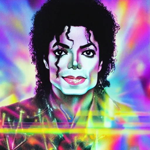 Image similar to motion blurred Michael Jackson Album cover in vaporwave feel