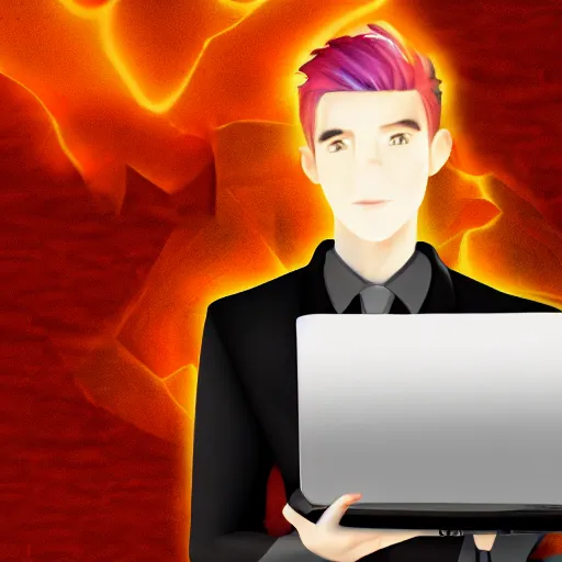 Image similar to a demon programmer gentleman ~ using a laptop ~ lava background ~ digital art ~ two horns ~