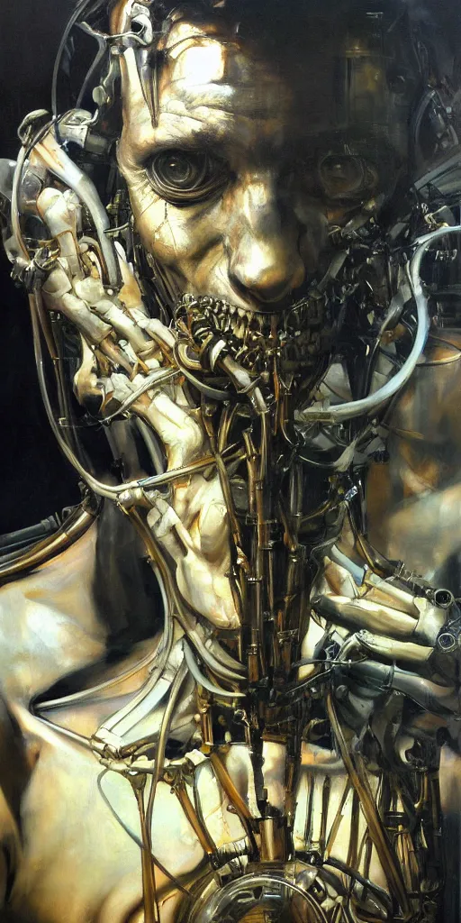Prompt: beautiful oil clean painting biomechanical portrait of man connected to the machine by phil hale, wayne barlowe, rembrandt, complex, stunning, realistic skin color