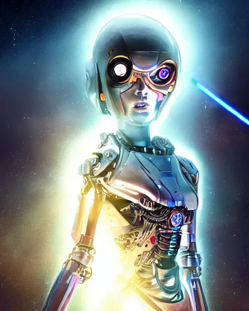Prompt: A female cyborg extraterrestrial warrior with beaming nebulous eyes writing on a three-dimensional computer hologram, inside her spacecrft as backdrop, insanely detailed, digital art
