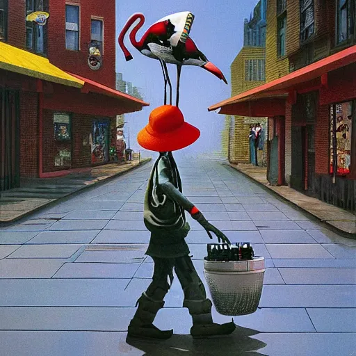 Prompt: a lone robot walking in a city, he has a computer screen for a face, on his head he is wearing a bucket hat made of a flamingo print cloth, by John Harri and Michael Whelan and John Berkey and Robert McCall and Chris Foss and Chris Moore and Vincent Di Fate and Rafał Olbiński and Jim Burns