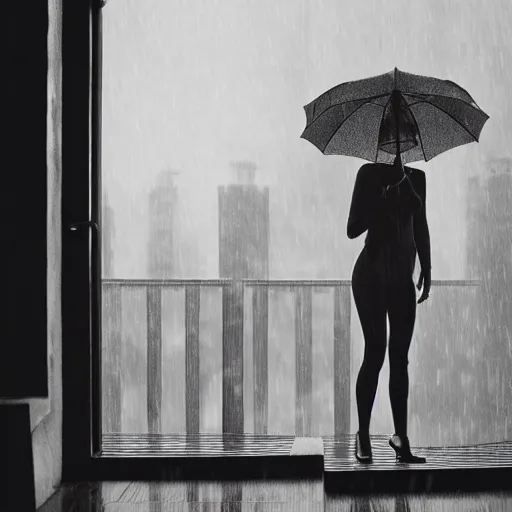 Prompt: a woman, moment, 1 9 3 0 s decopunk penthouse balcony, rain and smoke, tech noir, wet skin, atmospheric, ambient, rupert everton, wlop, alexis flower, hopper, livia prima,