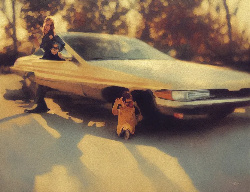 Prompt: girl sitting on a bumper of a car in the early morning, long distance photo, golden hour, bleach bypass, warm tones, beige colors, sunlight, digital 2 d, soft lights, polaroid, high - key lighting, by lisa yuskavage, by serov valentin, by krenz cushart