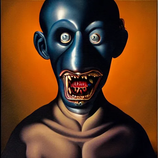 Image similar to oil painting with black background by christian rex van dali todd schorr of a chiaroscuro portrait of an extremely bizarre disturbing mutated man with acne intense chiaroscuro obscuring features lighting perfect composition masterpiece