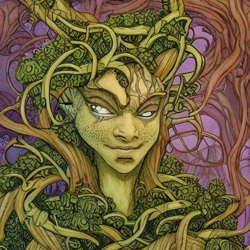 Prompt: anthropomorphic tangle of vines and plant matter. this fantasy creature guards the woods from unwary travelers. similar to a treant or forest spirit. By rebecca guay, by terese nielsen, by aaron miller, by kieran yanner. trending on artstation. 4k resolution.