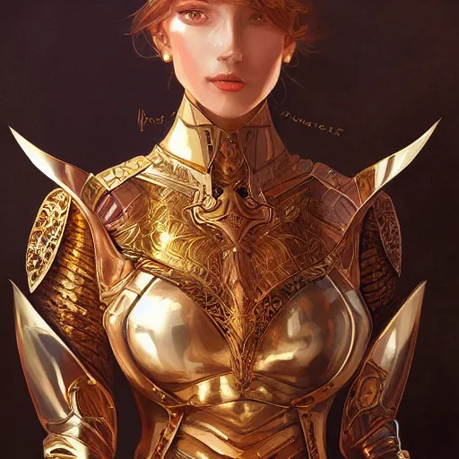 Image similar to portrait knights of Zodiac girl, golden and copper armor, sci-fi, fantasy, intricate, very very beautiful, elegant, highly detailed, digital painting, artstation, concept art, smooth, sharp focus, illustration, art by artgerm and WLOP and alphonse mucha