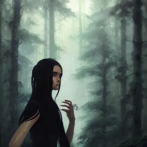 Image similar to portrait painting of female forest elf black hair, black dress, dramatic light, 8 k, by greg rutkowski, studio ghibli