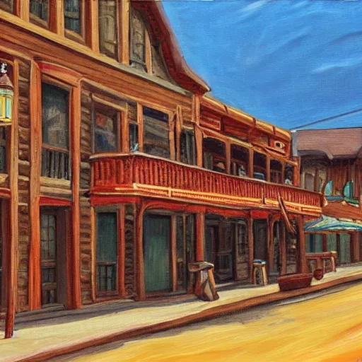 Prompt: from a movie scene, painting of a western saloon exterior in old town