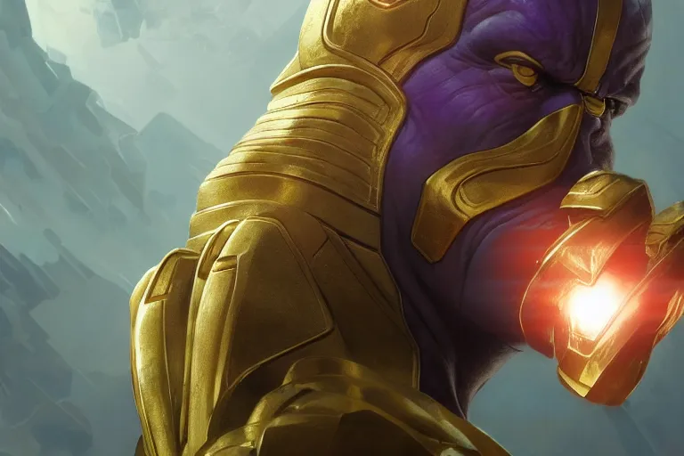 Image similar to Thanos smirking while clenching his fist, trending on Artstation, highly detailed, HD wallpaper, 4k, photorealistic, digital art, art by artgerm and Greg Rutkowski and Alphonse Mucha