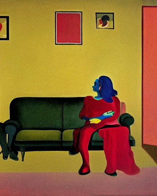 Image similar to old dead couple sitting on a couch and a dark figure crying in the corner with clouds at red and yellow art deco interior room in the style of Francis Bacon and Syd Mead, open ceiling, highly detailed, painted by Francis Bacon and Edward Hopper and Beksiński, painted by James Gilleard, surrealism, airbrush, very coherent, triadic color scheme, art by Takato Yamamoto and James Jean