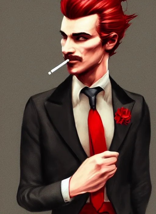 Image similar to a highly detailed illustration of stylish top hat wearing red haired ponytail man, with slight stubble, wearing suit vest, flashy smoking cigarette pose, intricate, elegant, highly detailed, centered, digital painting, artstation, concept art, smooth, sharp focus, league of legends concept art, WLOP