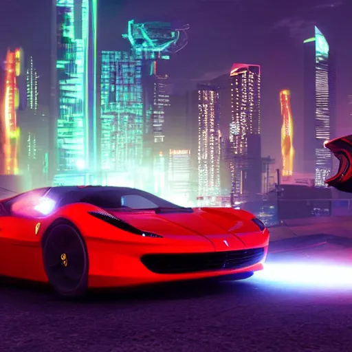 Image similar to hover car, ferrari, cyberpunk, city, night time, unreal engine