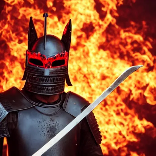 Image similar to a black knight in shining armor, a terrible mask on his face, eyes burning with red fire. a boy is standing next to him and he has a sword in his hands