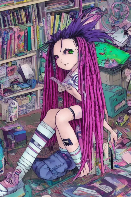 Image similar to concept art painting of a chibi anime cybergoth girl with pink dreads on the floor reading a book in a cluttered 9 0 s bedroom, artgerm, moebius, inio asano, toon shading, cel shading, calm, tranquil, vaporwave colors,