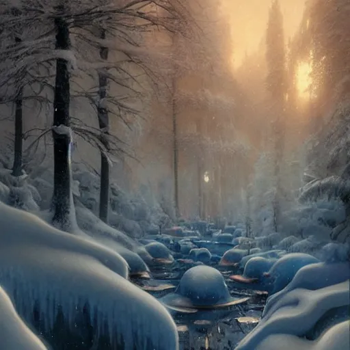 Image similar to a snowy valley with hundreds of blue glowing snowmen, atmospheric, volumetric lighting, glowing lights, 4k, octane, digital painting, artstation, concept art, sharp focus, illustration, art by artgerm and greg rutkowski and alphonse mucha