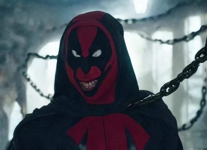 Image similar to film still of michael b jordan as spawn in the new spawn movie, giant chains, large cape, 8 k