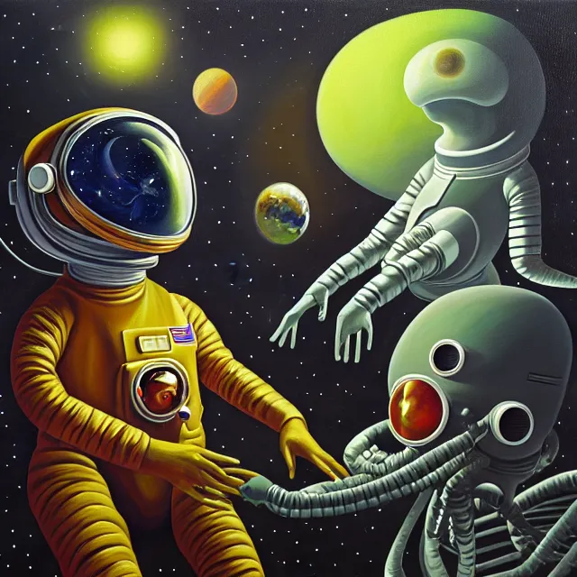 Image similar to an oil on canvas painting of an astronaut meeting an alien, polycount, surrealism, surrealist, cosmic horror, high detail