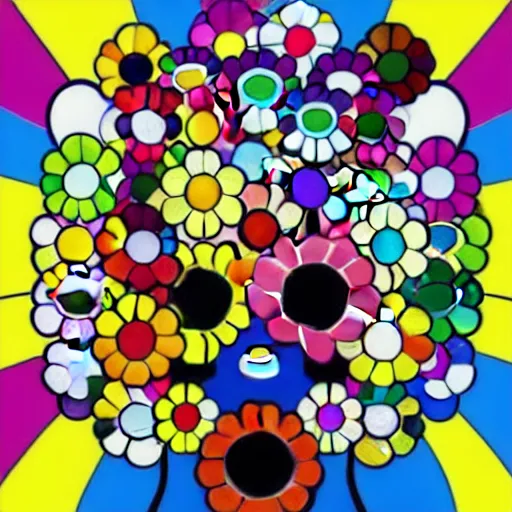 Image similar to silhouette of head exploding into flowers, bright colors, Takashi Murakami, Minimalist,