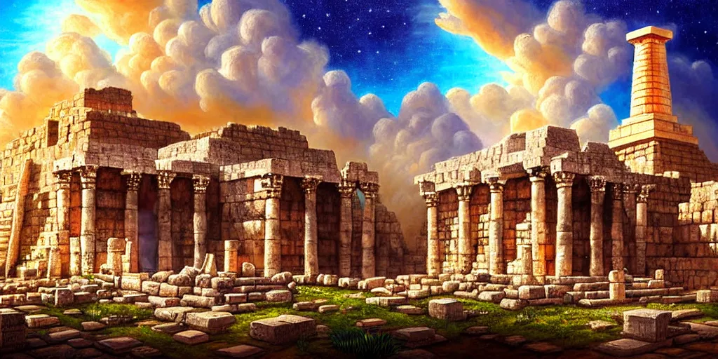 Image similar to illusion painting hidden temple in the clouds : an adorable small fox in the huge ruins of the second temple in jerusalem. a new temple hovers quietly hiding in the dreamy clouds above. a hooded bearded old man in a brown tunic laughing, colorful 8 k, art station, intricate superb details, digital art, illusion painting hidden image.