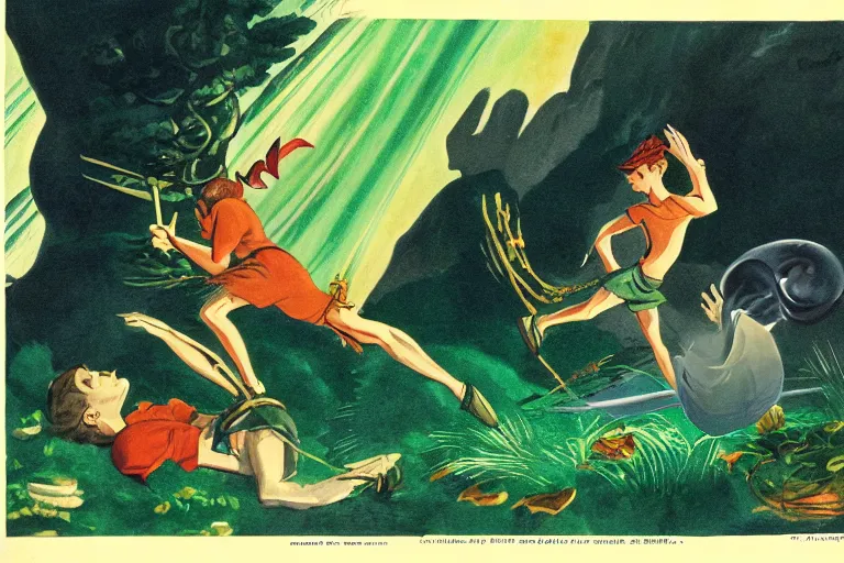 Image similar to a rodney greenblat illustration of a scene from in the peter pan ( 1 9 5 3 )