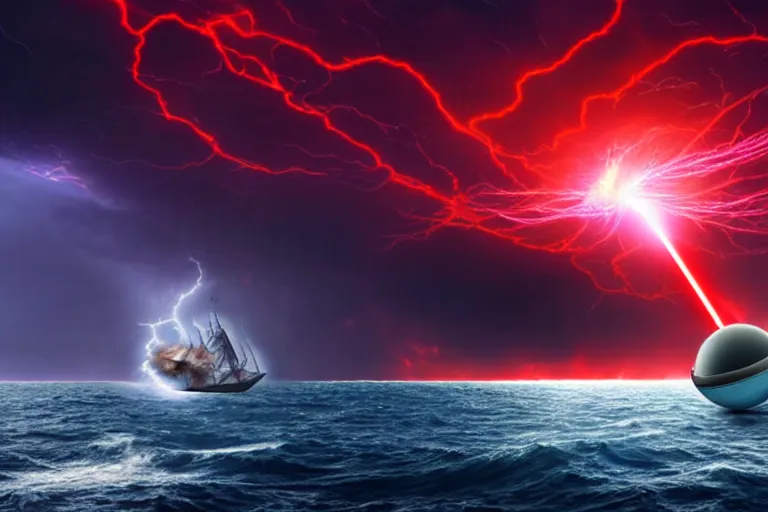 Prompt: A beautiful matte painting of huge spherical alien spaceship attacking with powerful red lasers a Sailship in ocean in thunderstorm