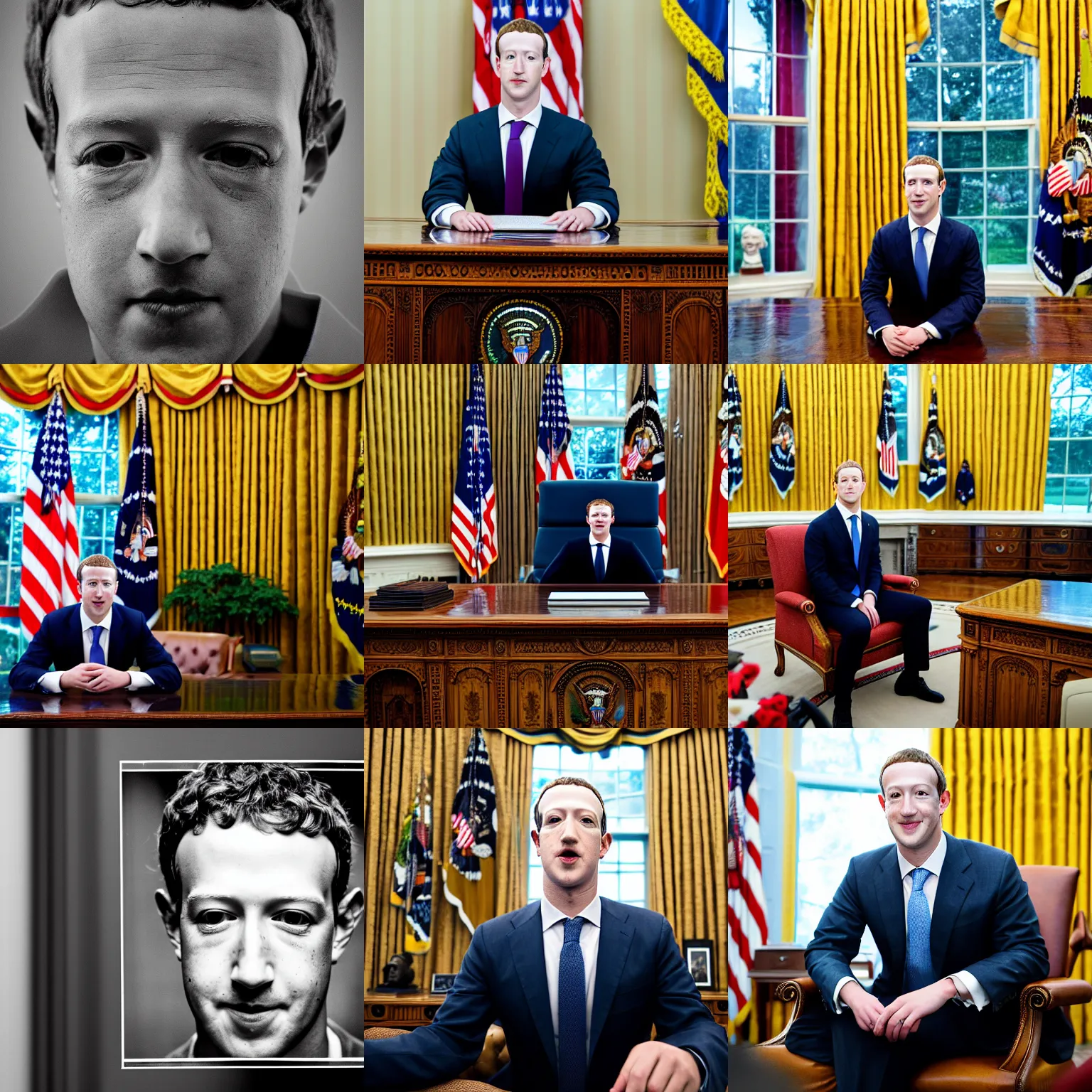 Prompt: headshot of Mark Zuckerberg the president of the united states in the oval office, movie still, EOS-1D, f/1.4, ISO 200, 1/160s, 8K, RAW, unedited, symmetrical balance, in-frame, Photoshop, Nvidia, Topaz AI