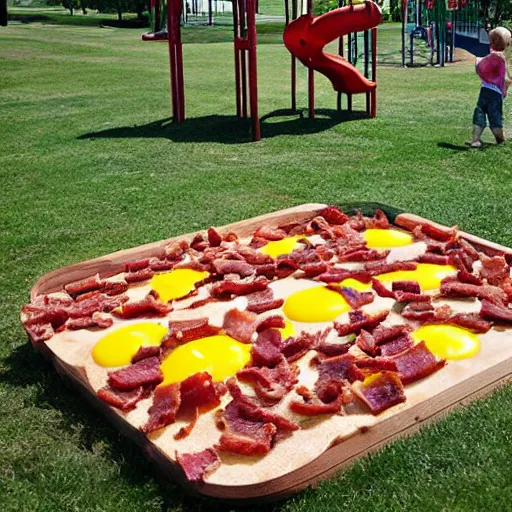 Prompt: a playground made of bacon, egg, and cheese, photorealistic