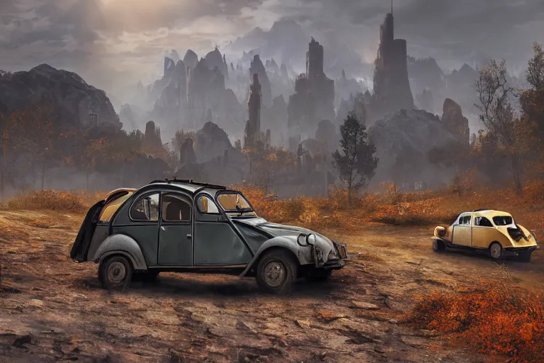 Image similar to offroad citroen 2 cv ( 1 9 6 5 ) driving across the rift, daedric longsword stored on the side of the car, leather and cloth traveller backpacks on roof, riften city in the background, epic fantasy, autumn, the elder scrolls v : skyrim, dramatic lighting, establishing shot, by simon stalenhag