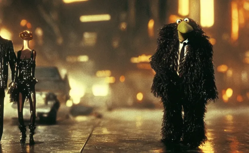 Prompt: a still of muppets in blade runner ( 1 9 8 2 ). highly detailed felt. hyper real photo. 4 k.