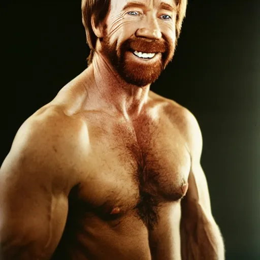 Image similar to Chuck Norris smiling, photoshoot, 30mm, Taken with a Pentax1000, studio lighting, medium shot