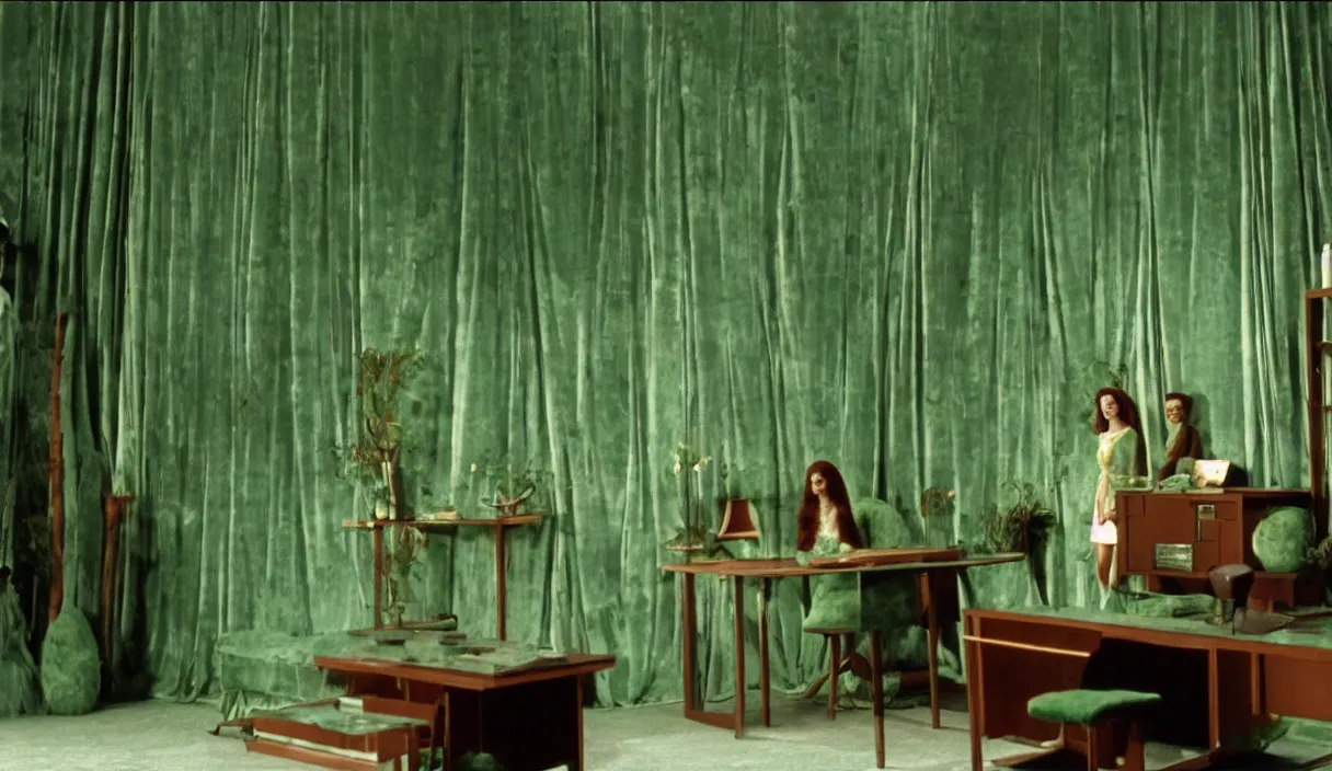 Image similar to a still of severance series indoor 7 0 s green velvet and wood with metal furniture office scenario appearing in a film of parajadnov, in movie color of the pomegranates ( 1 9 6 9 )