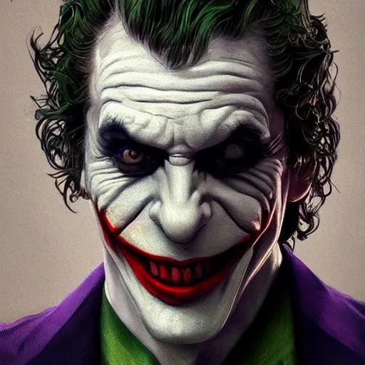 Image similar to [Rossi de Palma as the Joker, closeup, D&D, intricate, elegant, highly detailed, digital painting, artstation, concept art, matte, sharp focus, illustration, art by Artgerm and Greg Rutkowski and Alphonse Mucha]