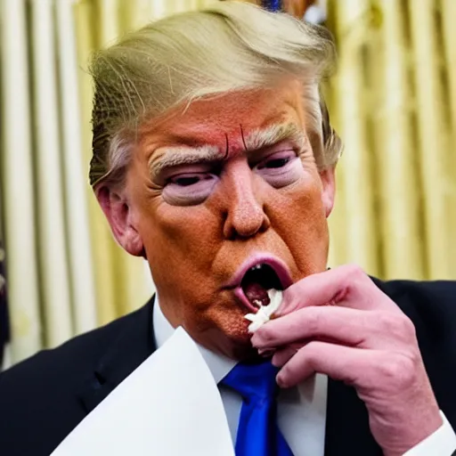 Image similar to candid portrait photo of president trump eating crumpled up wads of paper, oval office backlit