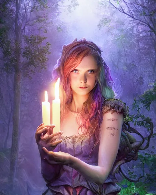 Image similar to portrait high definition photograph cute girl holding a candle fantasy character art, hyper realistic, pretty face, hyperrealism, iridescence water elemental, snake skin armor forest dryad, woody foliage, 8 k dop dof hdr fantasy character art, by aleski briclot and alexander'hollllow'fedosav and laura zalenga