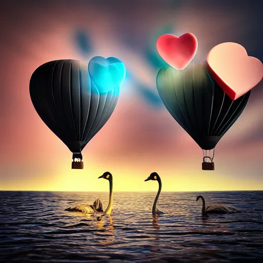 Prompt: realistic extremely detailed photo style painting of a hot air balloon with a picture of two black swans swimming, touching heads, forming a heart with their necks, granular detail, holographic krypton ion, octane render, 4k, f32,55mm photography, wide angle