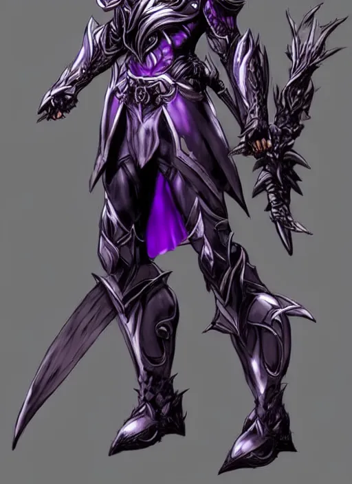 Prompt: Full body portrait of a handsome elven aristocrat with short hair wearing purple heavy armor. In style of Yoji Shinkawa and Hyung-tae Kim, trending on ArtStation, dark fantasy, great composition, concept art, highly detailed, dynamic pose.