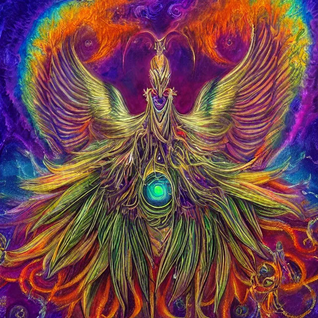 Prompt: angelic ophanim Lovecraftian celestial covered in eyes feathers and wings, oil painting award winning, chromatic aberration sharp colors, fractal geometry sublime angel be not afraid