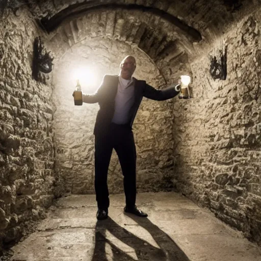 Image similar to duarte edwardo in his dark cellar reaching for his favourite aged champagne, sharp detailed face, hyper realistic, dslr photography, global illumination, radiant lighting, clear image, intricate environment