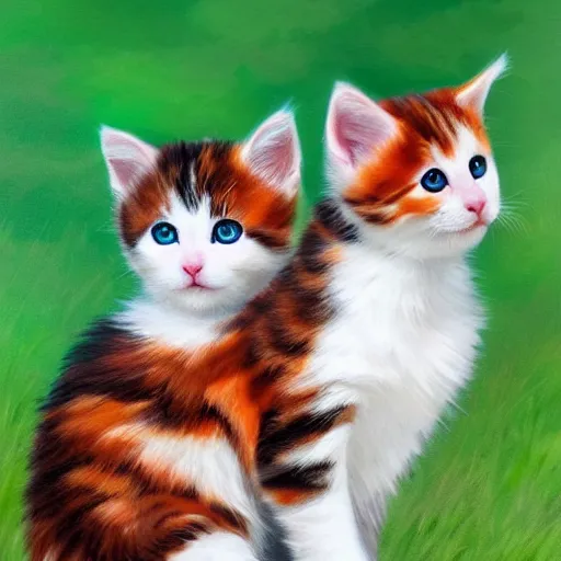 Image similar to close up of two beautiful calico kittens outside on a beautiful day, beautiful painting, featured on artstation, cgsociety, behance hd