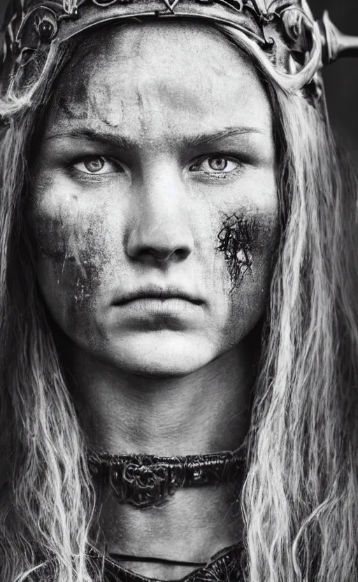 Image similar to photorealistic 3/4 portrait of beautiful female viking warrior with large sad gray eyes, dirty skin