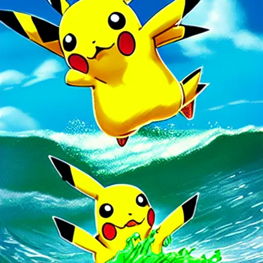 Image similar to pikachu surfing on a wave made of green slime, pokemon tcg image, trending on artstation