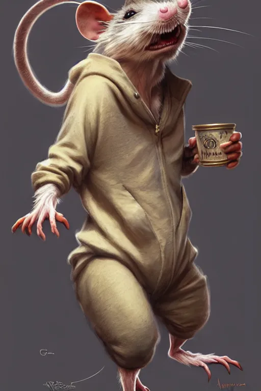Image similar to ultra realistic illustration, an anthropomorphic rat dressed in pajamas, comfy, highly detailed, digital painting, concept art, smooth, sharp focus, art by artgerm and greg rutkowski and alphonse mucha