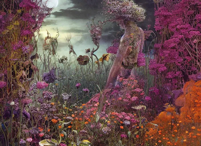 Prompt: a chaotic whirlwind of wildflowers and leaves, intricate details, aesthetically pleasing, dreamscape in a jar, gorgeous lighting, highly detailed, by zdzisław beksinski and francis bacon, art by dave mckean and rowena morrill and jeanbaptiste monge, computer aesthetic, vaporwave