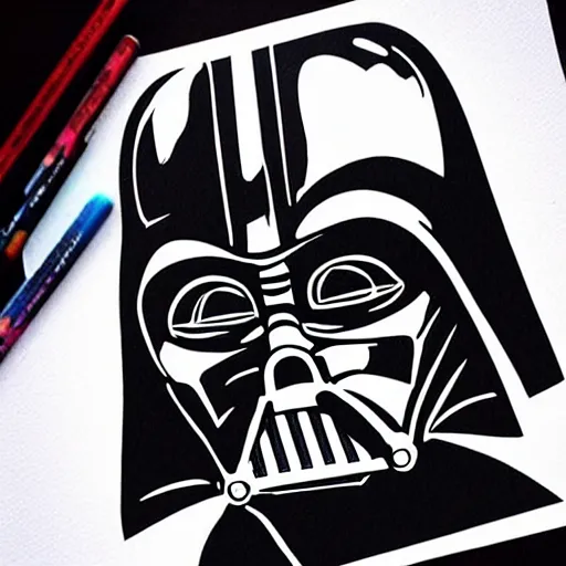 Image similar to beautiful darth vader with giant soft dreamy eyes. Fine detailed colored ink drawing blotter art.