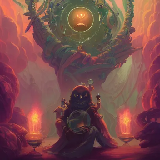 Image similar to Soul Vape, human Owl Alchemist, graphic illustrated poster, by Peter Mohrbacher, trending on artstation, by Ross Tran, high quality, HD, 4k