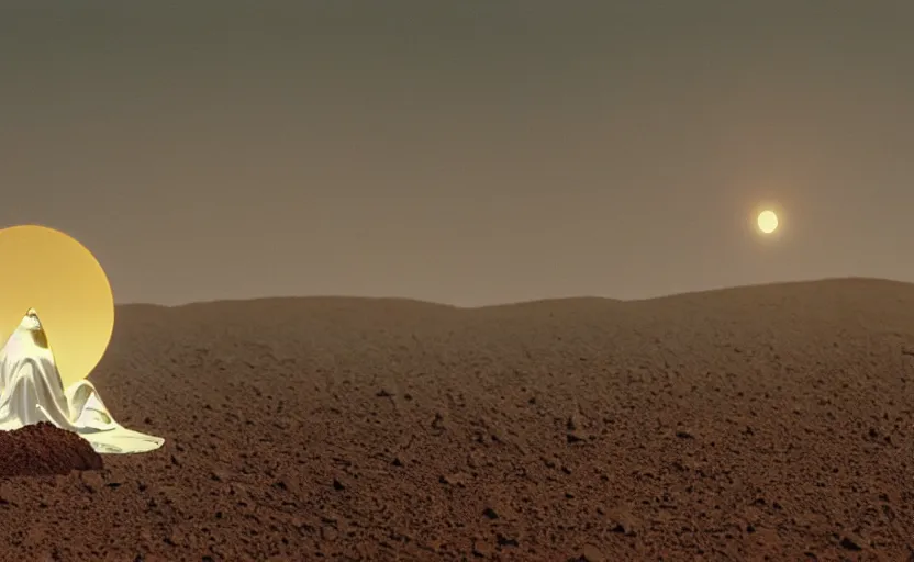 Prompt: levitating bene gesserit with white flowers and golden mask inside a thick black smoke in rocky desert landscape, solar eclipse in the sky, dry earth by gaspar noe and christopher doyle, anamorphic lens, anamorphic lens flares, kodakchrome, cinematic composition, practical effects, award winning photo, 8 k