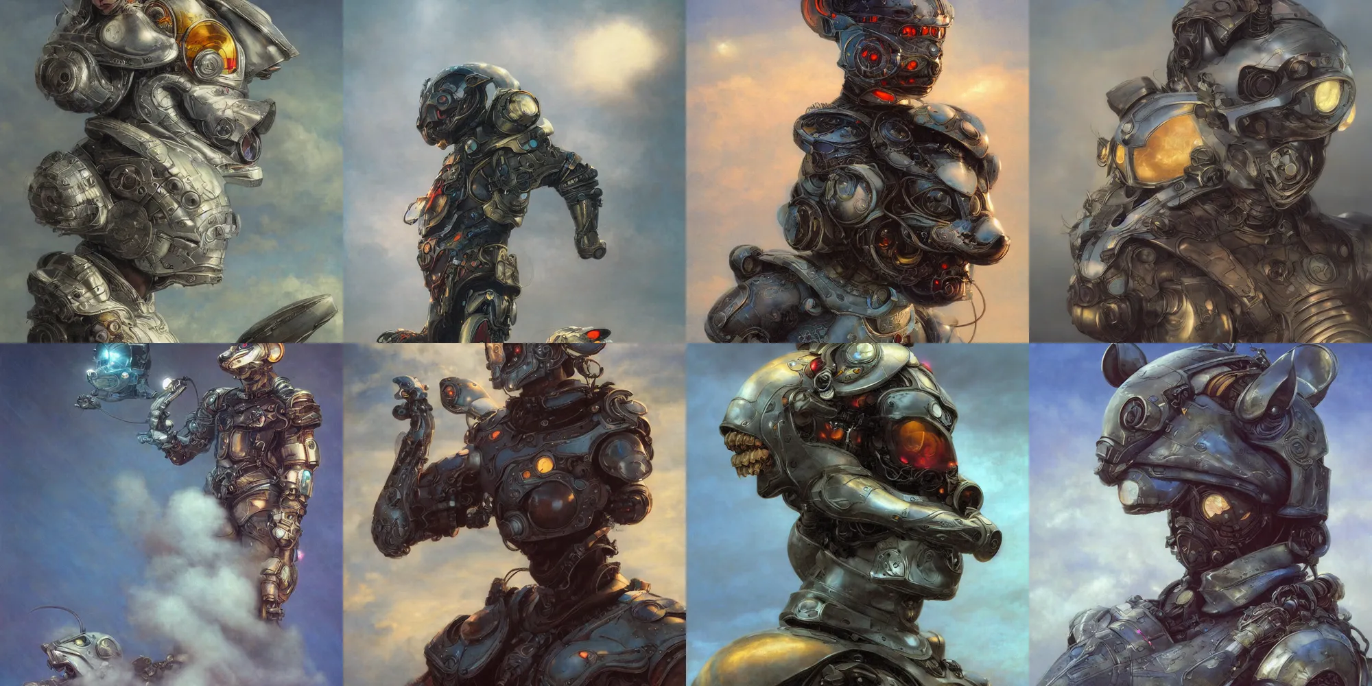 Image similar to portrait of epic anthropomorphic mouse cyborg neon armor, in clouds, cinematic studio light, windy, sunrise, wlop, by gerald brom, by mikhail vrubel, by peter elson, muted colors, extreme detail, trending on artstation