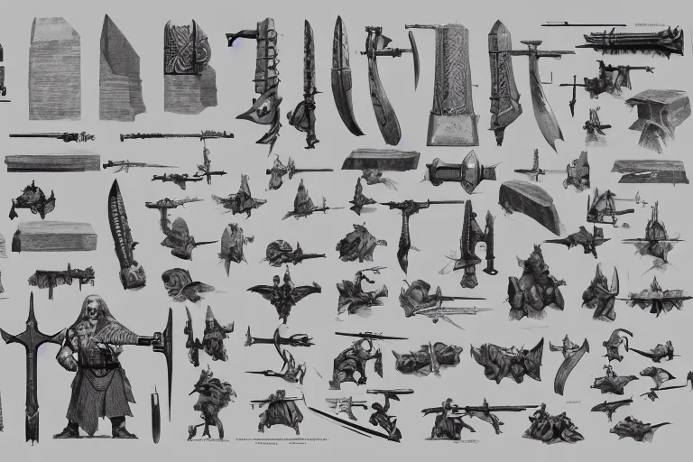 Image similar to schematic diagram of axes, dwarven, weapons, built, book, page, detailed, cross section, trending on artstation, cgsociety, Ralph McQuarrie and Greg Rutkowski