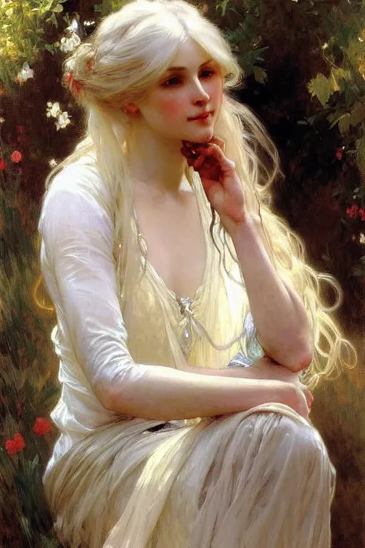 Image similar to women with long white hair, painting by daniel gerhartz, alphonse mucha, bouguereau, detailed art, artstation